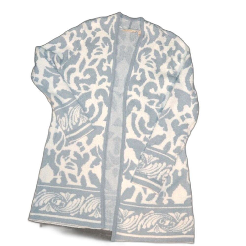 Soft Surroundings Open Front Cardigan Baby Blue Damask Oversized Sweater